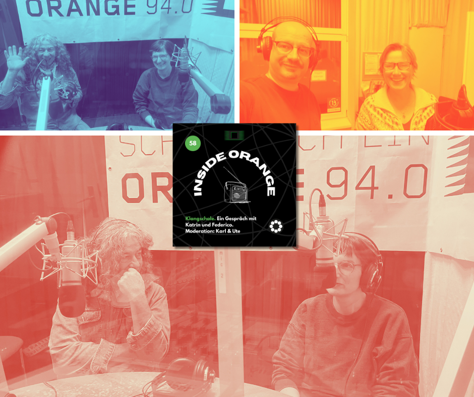 Collage aus Studiofotos eines Radiosenders. Oben links sitzen zwei Personen in einem Radiostudio vor Mikrofonen, im Hintergrund hängt ein Banner mit der Aufschrift „ORANGE 94.0“. Oben rechts stehen zwei andere Personen nebeneinander und lächeln in die Kamera. Unten links und unten rechts sind weitere Aufnahmen aus dem Studio zu sehen, jeweils mit zwei sprechenden Personen vor Mikrofonen. In der Mitte der Collage liegt das quadratische Cover eines Podcasts mit dem Titel „Inside Orange“ und der Nummer 58, gestaltet in dunklen Farben mit einem kreisförmigen Logo. Die Fotos sind in kräftigen Farbfiltern (Orange, Rot, Blau) eingefärbt.
