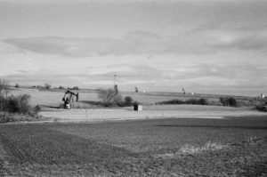 Aus den Tiefen des Gänserndorfer Beckens wird Erdöl gepumpt. Hier sieht man die Pumpen über die weinviertler Äcker verteilt. In der Mitte sieht man einen weiteren Bohrturm.